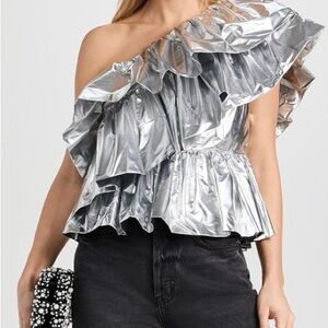 Metallic Silver One-Shoulder Ruffle Peplum Top (pre-owned)Women’s XS